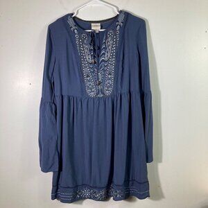 Womens Knox Rose Embroidered Split Bell Sleeve Tunic‎ Dress Blue M